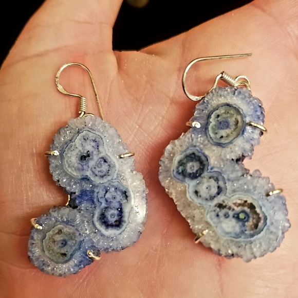 New Oversized Blue Solar Quartz Agate Silver Earrings. - Picture 8 of 14